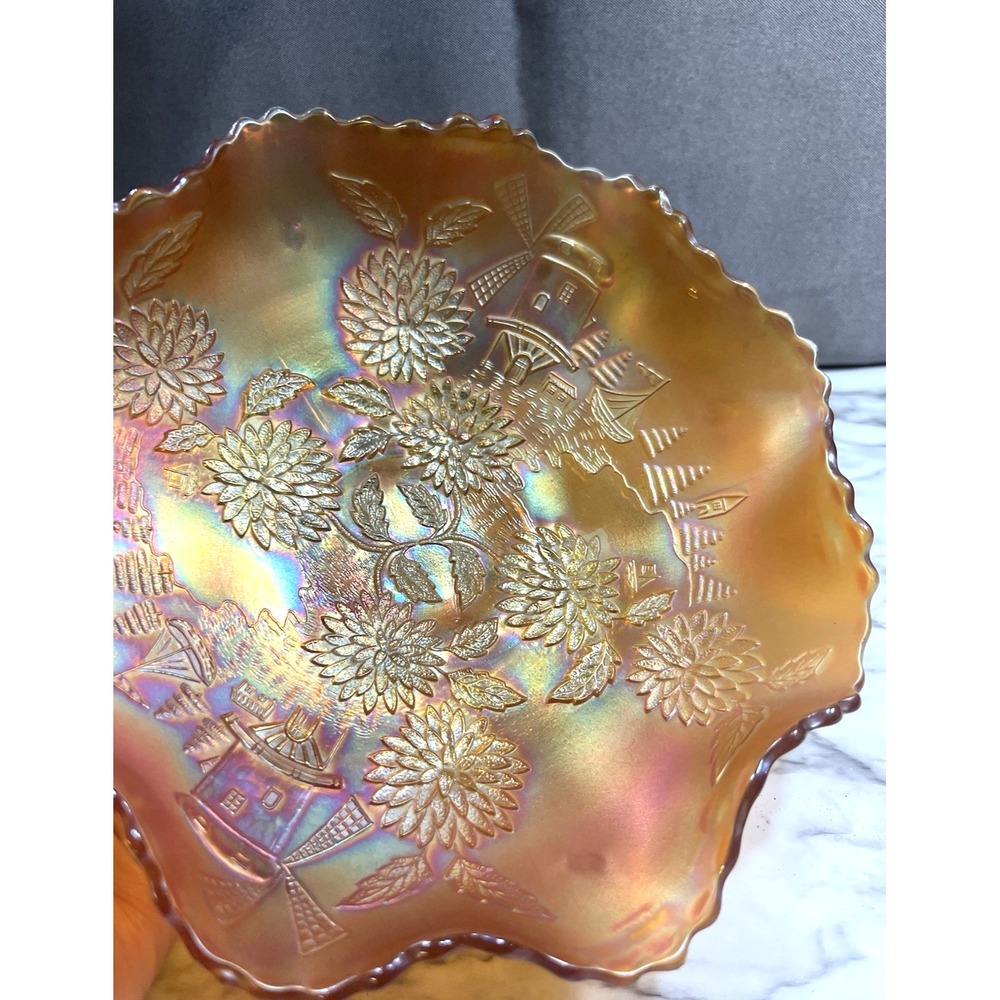 VTG Fenton Ruffled Footed Bowl Marigold  & Windmills 9 Inches‎ (2009)